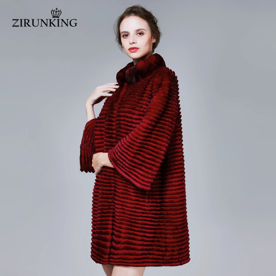 ZIRUNKING Winter Real Rex Rabbit Fur Jacket Long Stripe Style 100% Natural Fur Coat High Quality  Women Fashion Overcoat ZC1702