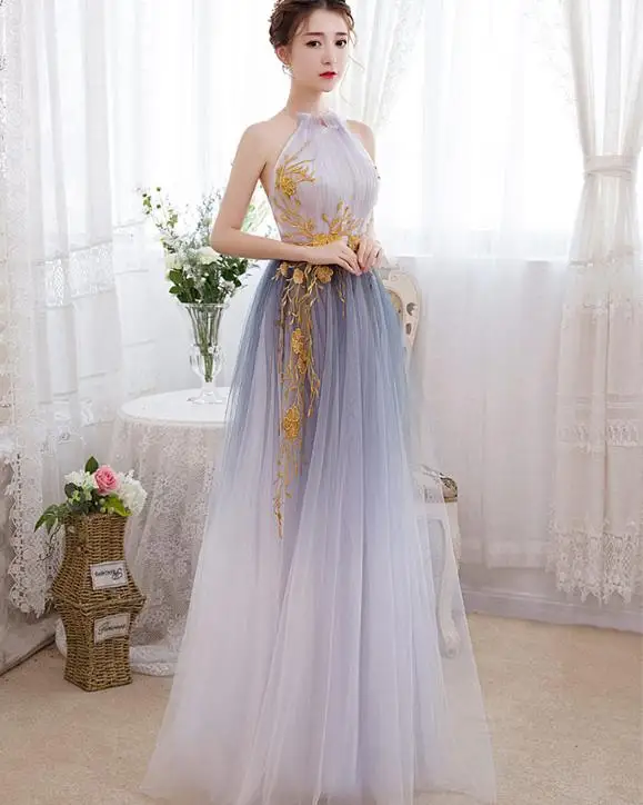 Banvasac Halter Renda Emas Appliques Garis Panjang Gaun Malam Pesta Bahu Tulle Backless Prom Gaun