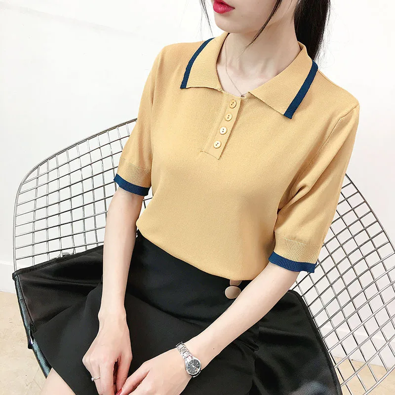 

NEW summer casual knitted b louse shirt Women short sleeve square collar Basic loose female elegant shirt solid office lady top