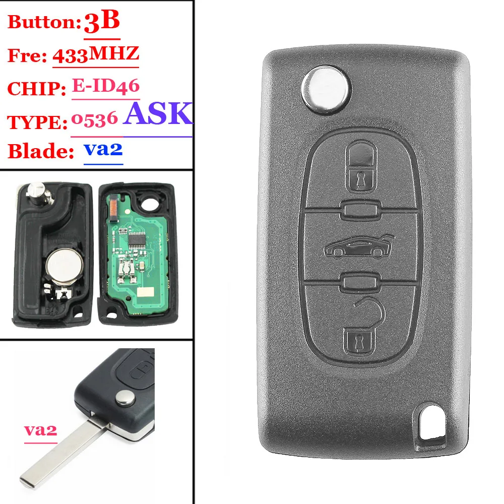 (1piece )0536 Type ASK 3 Button Flip Remote Key 433mhz  electronic 46  chip VA2 407 blade for Peugeot key truck button