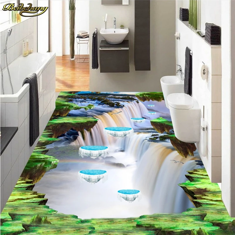 beibehang Custom Photo Wallpaper Floor Painting Waterfall Suspension Island Flying Bird Bathroom Kitchen Walkway 3D Floor