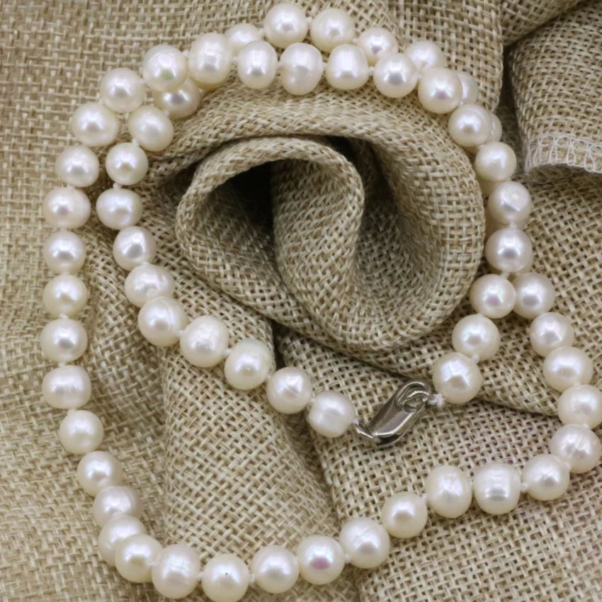 

7-8mm natural white freshwater cultured pearl nearround beads necklace chain women party prom gifts charms jewelry 18inch B3225