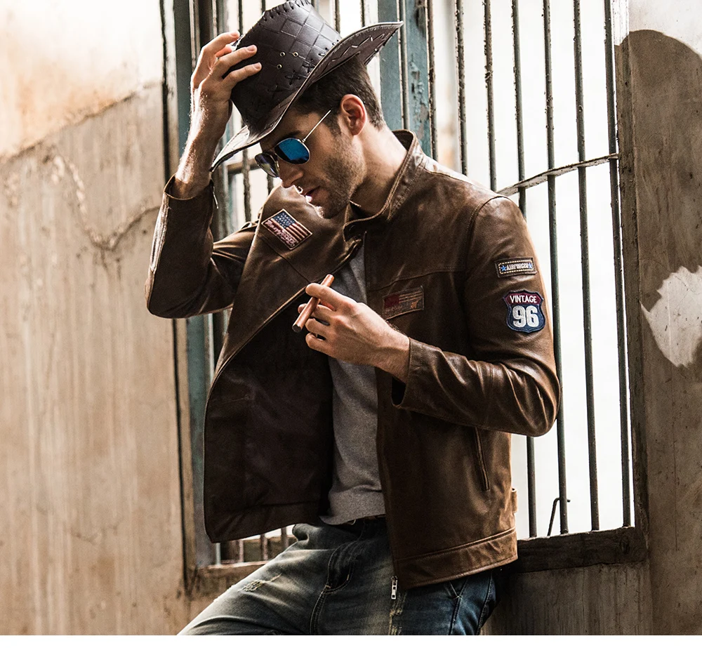 FLAVOR Men's Real Leather Jacket Pigskin Motorcycle Genuine