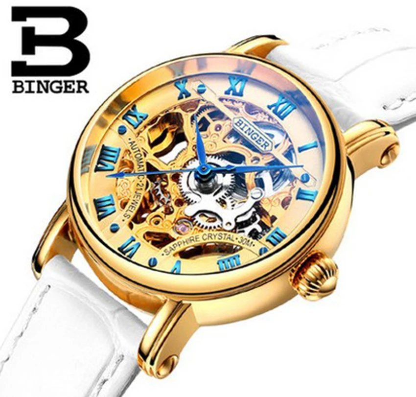 

Genuine Luxury BINGER Brand Women automatic mechanical self-wind white leather double-sided hollow waterproof male fashion watch