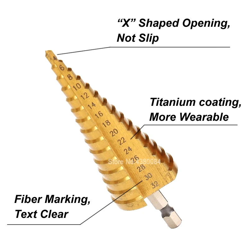 1 pc 4-32mm titânio revestimento hss passo broca 1/4 hex hex hex haste cone sulcado buraco cortador diy ferramentas de perfuração