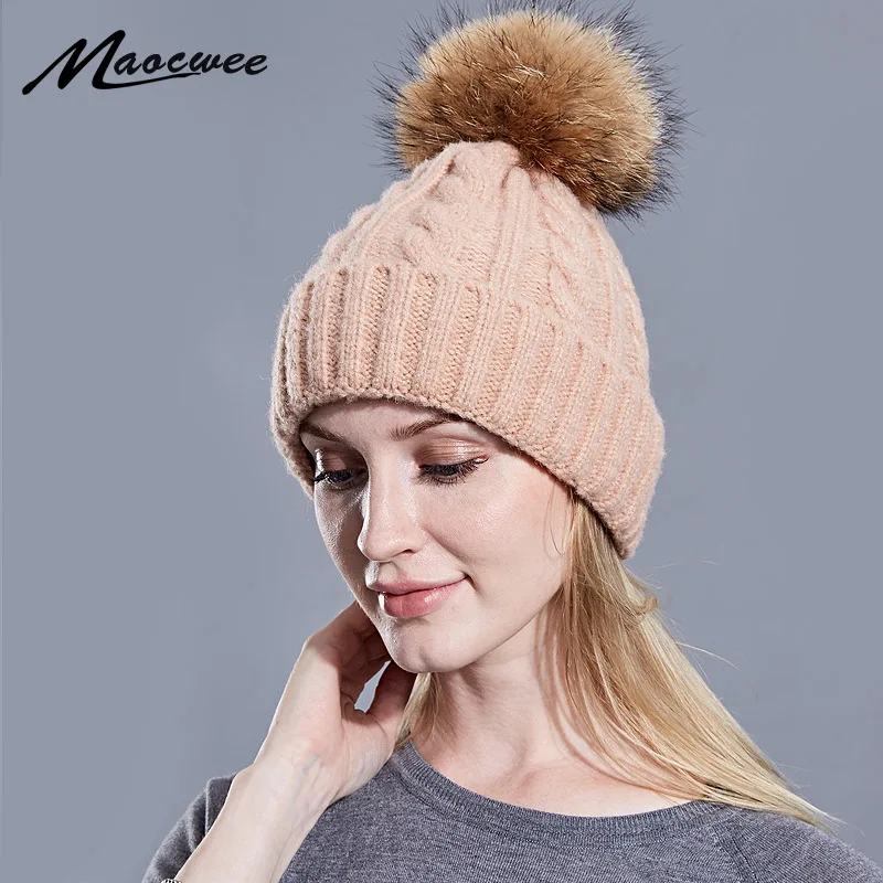 

Brand Winter Hat For Women High Quality Beanies Cap Real Raccoon Fur Pompom Women Hats Bonnet Femme Girls Casual Hat Skullies