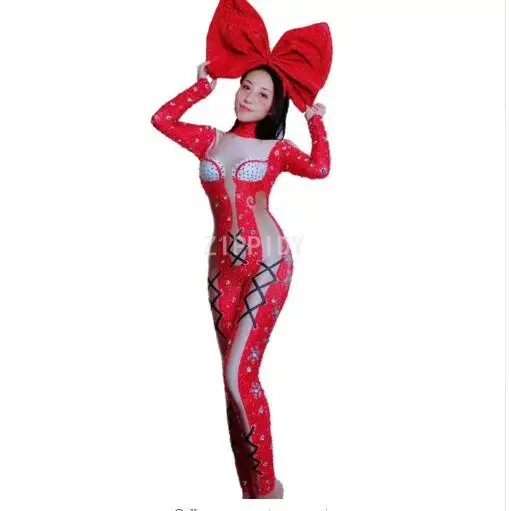 

Birthday Party Outfit Nightclub Women Singer Dance Show Outfit Sparkly Red Silver Rhinestones Spandex Bandage Pattern Jumpsuit