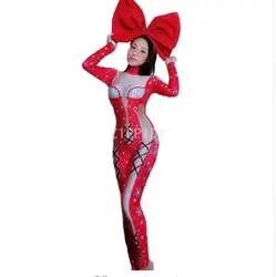 Birthday Party Outfit Nightclub Women Singer Dance Show Outfit Sparkly Red Silver Rhinestones Spandex Bandage Pattern Jumpsuit