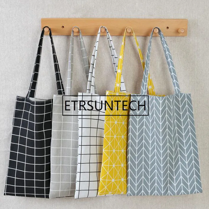 50pcs Fashion Women Cotton Linen Eco Reusable Tote Handbag Fashion Plaid Shoulder Bag Sundries Stroage Pouch