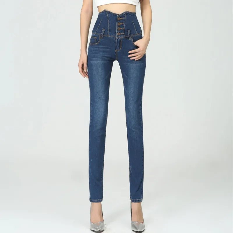 Fashion Quality High Waist Skinny Jeans Women Single Breasted High Elastic Slim Denim Pencil Pants Women Plus Size 26-34