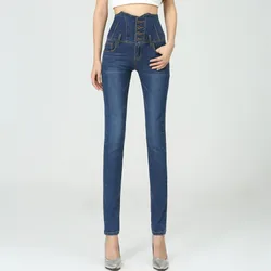 Fashion Quality High Waist Skinny Jeans Women Single Breasted High Elastic Slim Denim Pencil Pants Women Plus Size 26-34