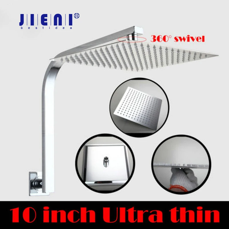 

JIENI 10 Inch Stainless Steel Bathroom Wall Mounted Square Rain Shower Head Mixer Chrome Finish Sprayer Tap