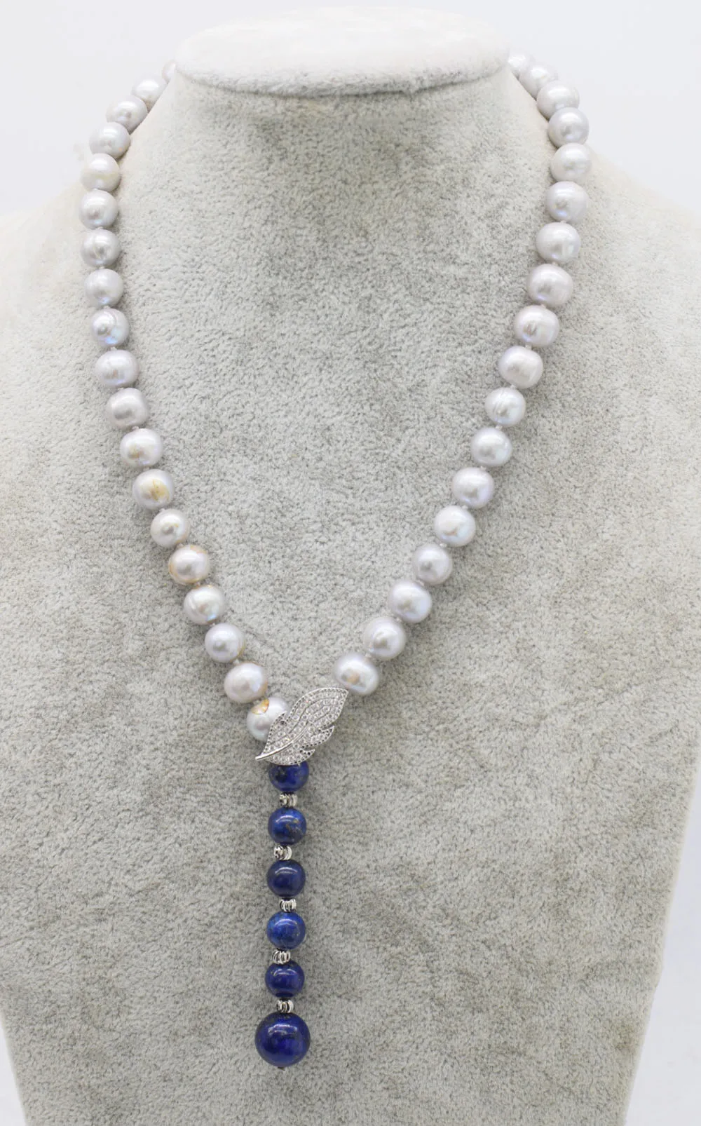 wholesale  freshwater pearl  gray  near round 9-10mm blue lapis  necklace 20inch  FPPJ nature beads reborn keshi drop