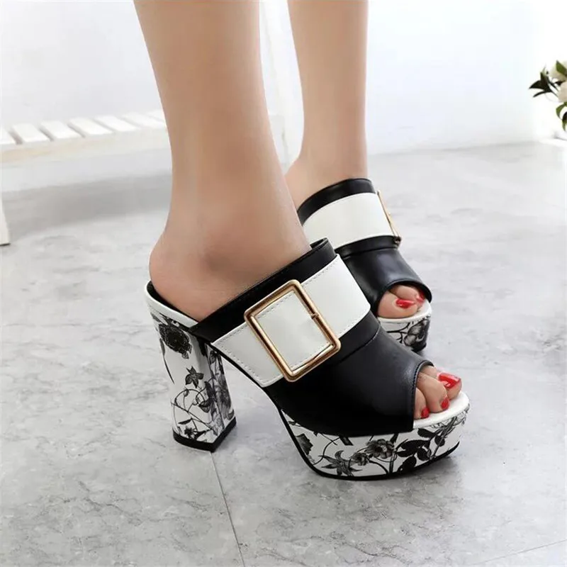 3Color Fashion Summer Women Elegant Buckle High Heel Sandals Peep Toe Platform Shoes Sexy Chunky Heel Shoes Lady Thick Heel 40