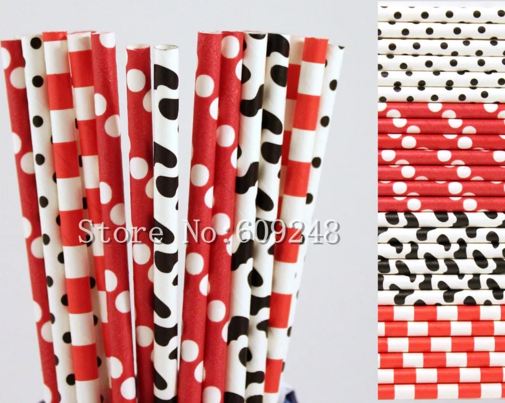 100 Pcs Farm Drinking Paper Straws Mix,Red Sailor Striped Dot,Black Swiss Dot and Cow Print,Kids Children Birthday Party Bulk