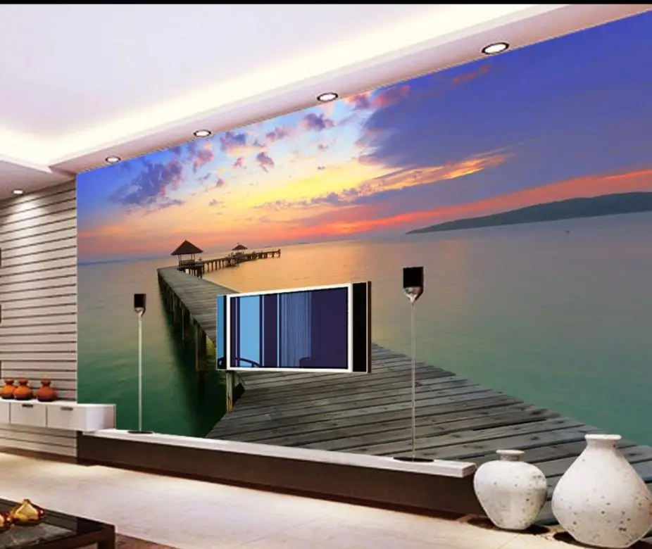 Custom Photo Wallpaper 3D Stereo Island pier bridge wooden landing bridge sunset landscape background wall