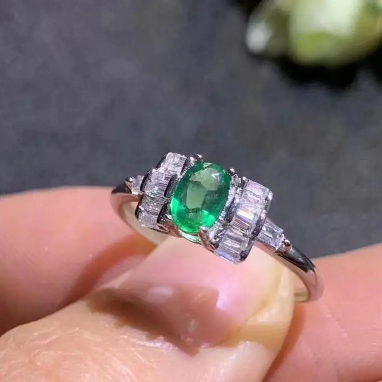 Natural emerald ring Free shipping 925 sterling silver 4*6mm gemstone Fine jewelry