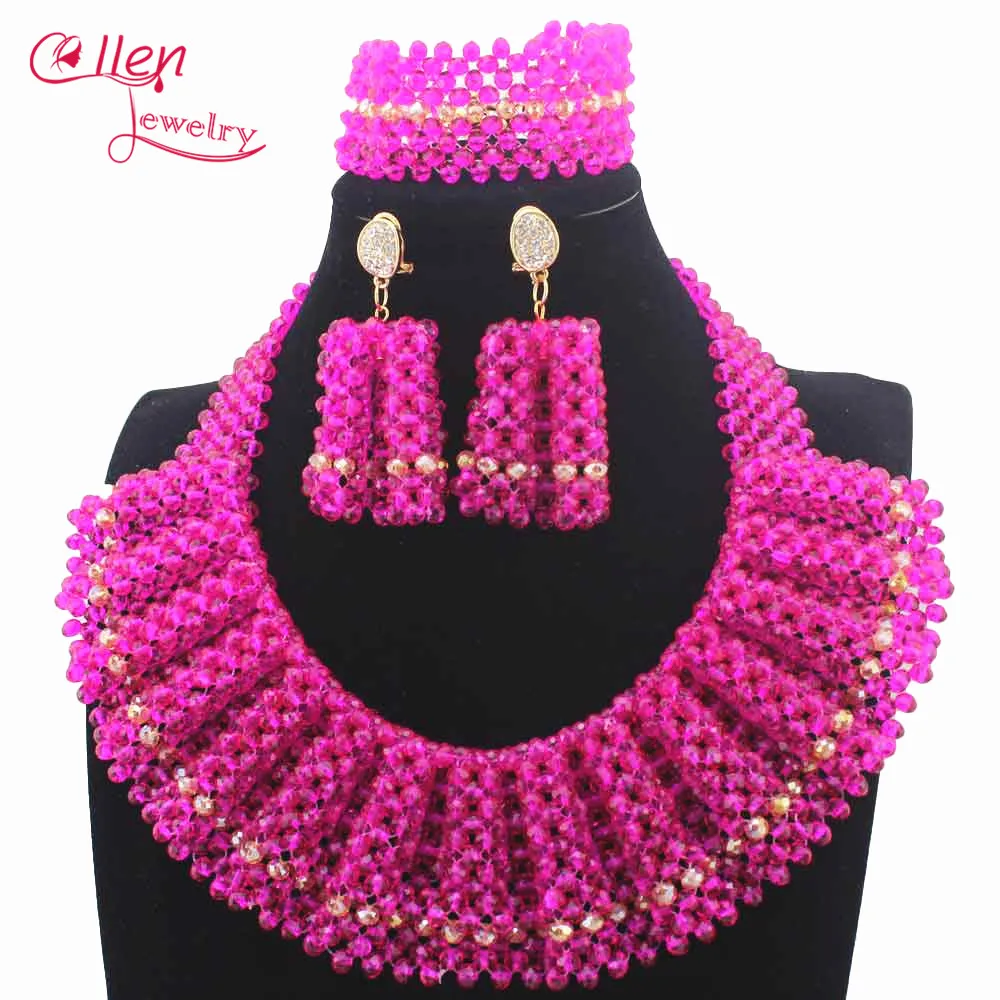 

Fuschia Pink Crystal Beaded Bridal Necklace Set Romantic Mix Chunky Bib Women African Jewelry Sets New Year Gift Free ShipW14038