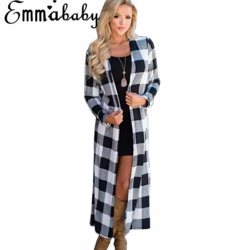 HIRIGIN Newest Women Long Sleeve Waterfall Cardigan Trench Long Coat Duster Fashion Lady Winter Warm Slim Plaid Suit