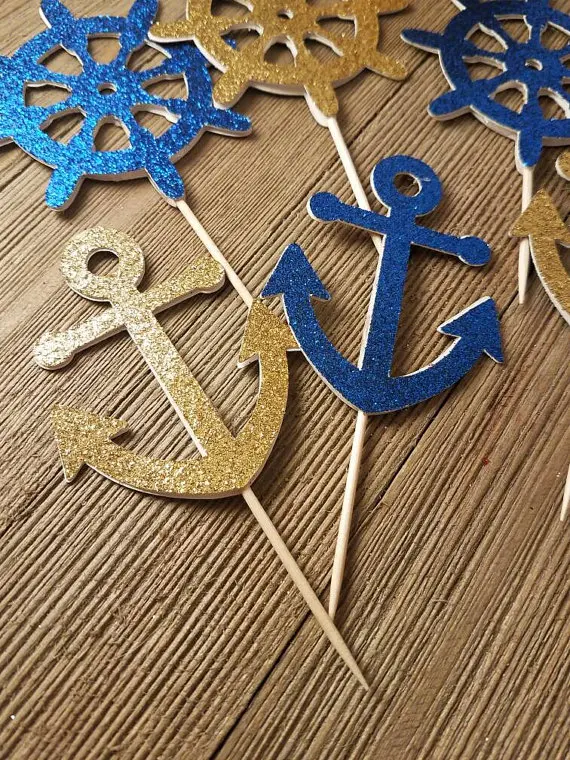 glitter anchor cupcake toppers Nautical baby shower decor nautical wedding sea party decoration