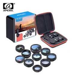 APEXEL 10 in 1 Phone lens kit universal Wide Angle macro CPL Filter telescope Lens Fisheye Lens for Almost Smartphone