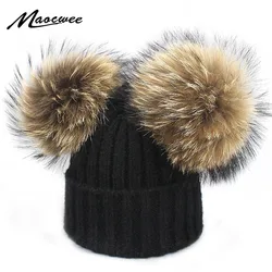 Children And Women Winter Wool Cotton Hats Girls Real Mink Fur Two Pompom Hat Kids Boys Caps Gorro Beanies Hat Skullies Baby Hat