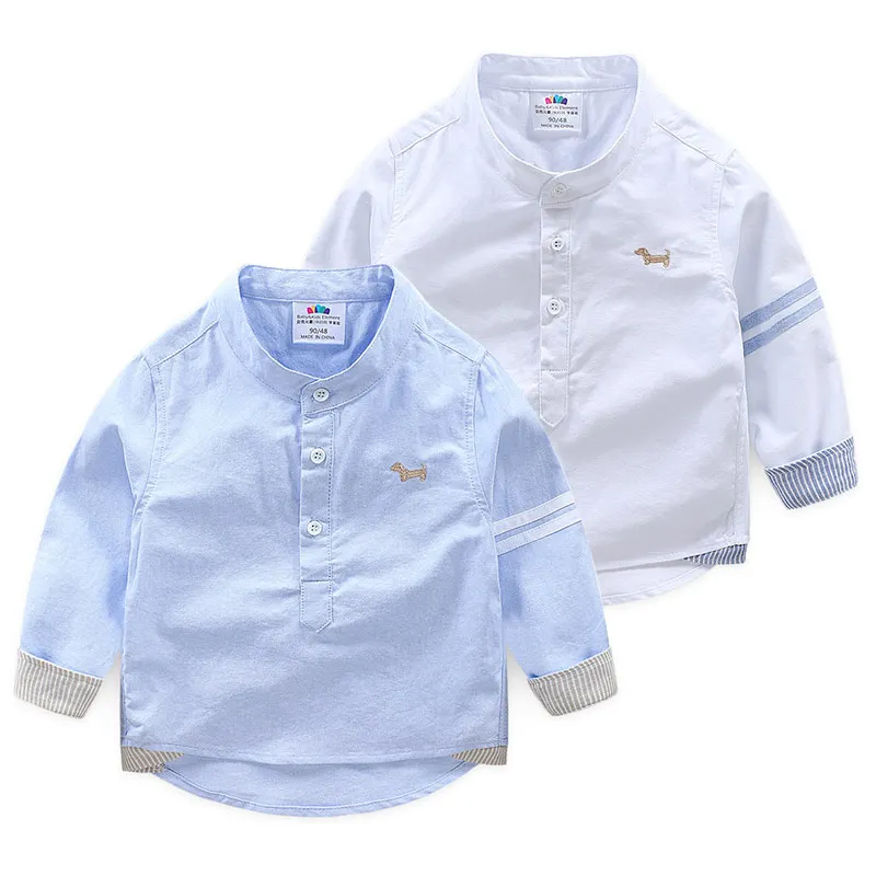 2023 Spring Autumn 2 3 4 6 8 10 Years Children Solid Color Cotton Mandarin Collar Dog Long Sleeve White Shirt For Baby Kids Boys