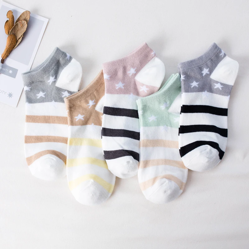 5 Pairs/Lot Cotton Women Cute Cartoon Socks Fashion Spring Summer Color Japanese Cat Casual Short Boat Sockken