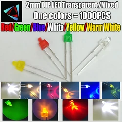 1000Pcs 2MM LED Diode Transparent Mixed Color Red Green Yellow Blue White Orange Warm