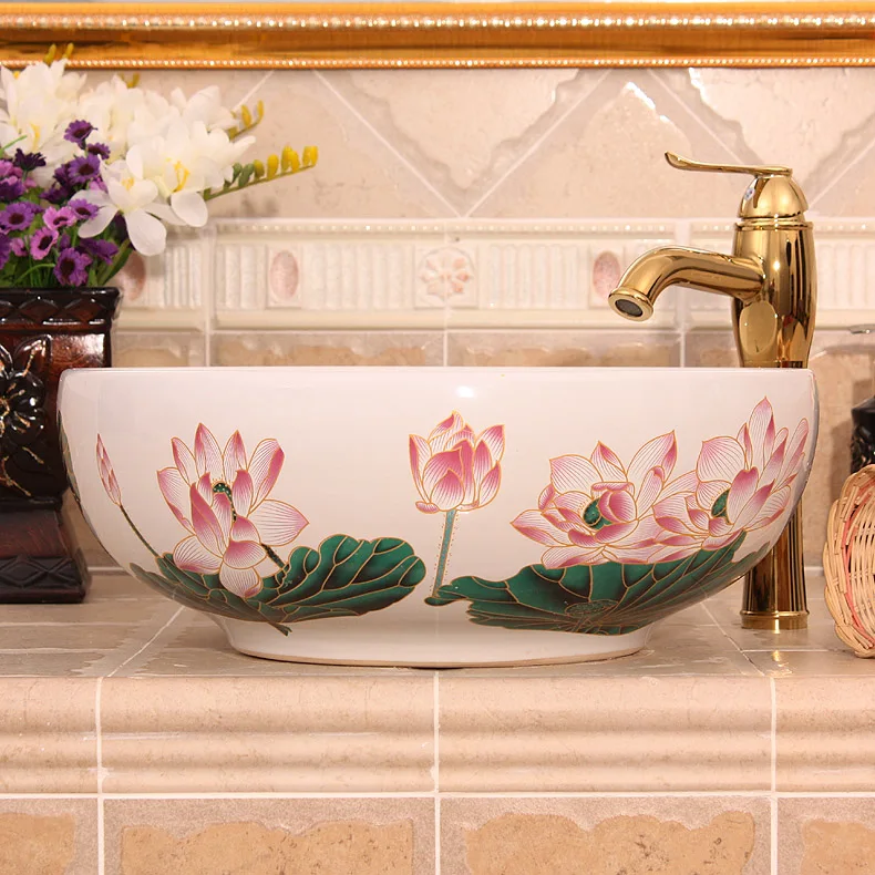 

China Painting Fish Ceramic Painting Art Lavabo Bathroom Vessel Sinks Round counter top counter washbasin