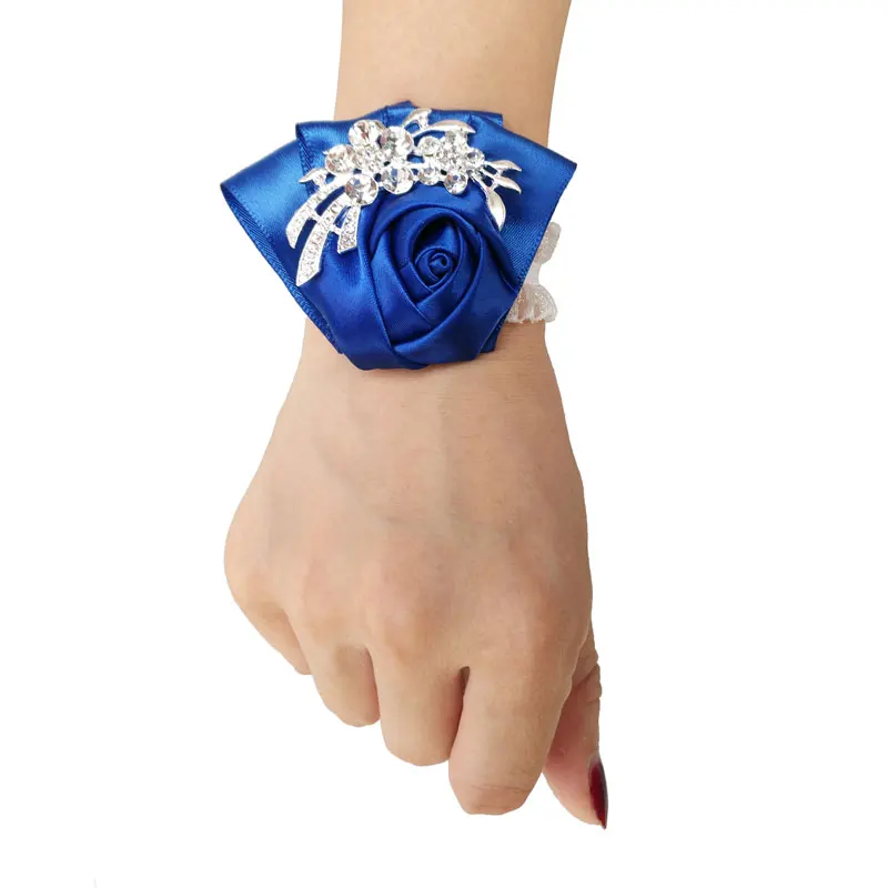 In Stock Ivory silk hand flowers Brooch Wedding Wrist Band Flowers Diamond Bling Wrist Corages Decor Bridal Prom SW001