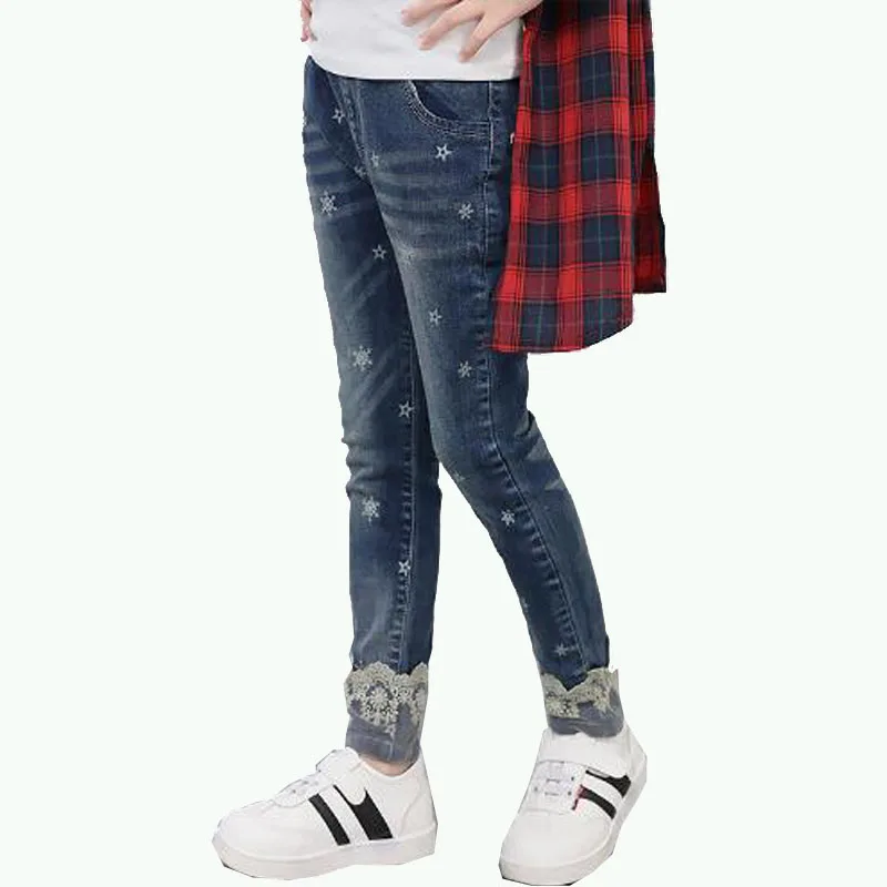 Mädchen hosen voller länge Jeans Jugend mädchen kinder hosen stickerei jeans denim casual hosen kinder spitze Regelmäßige hosen outwear