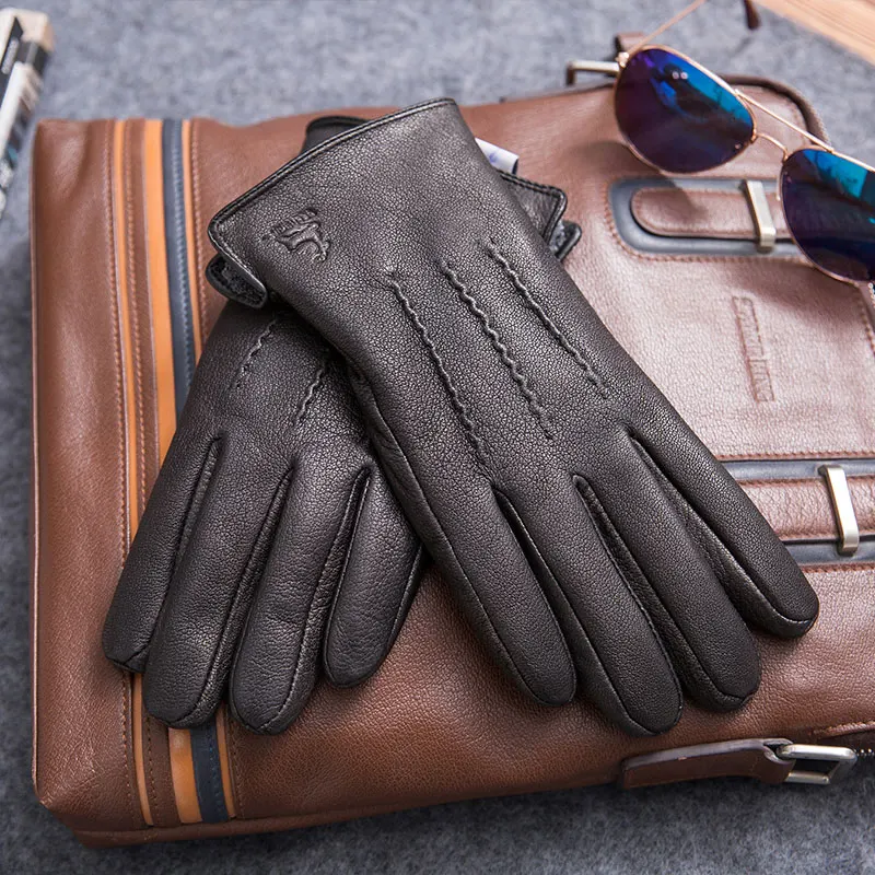 MPPM Winter Gloves Men Genuine Leather Sheepskin for Adult Warm Winter Deerskin Gloves Christmas Gift Men\'s Sheepskin Gloves