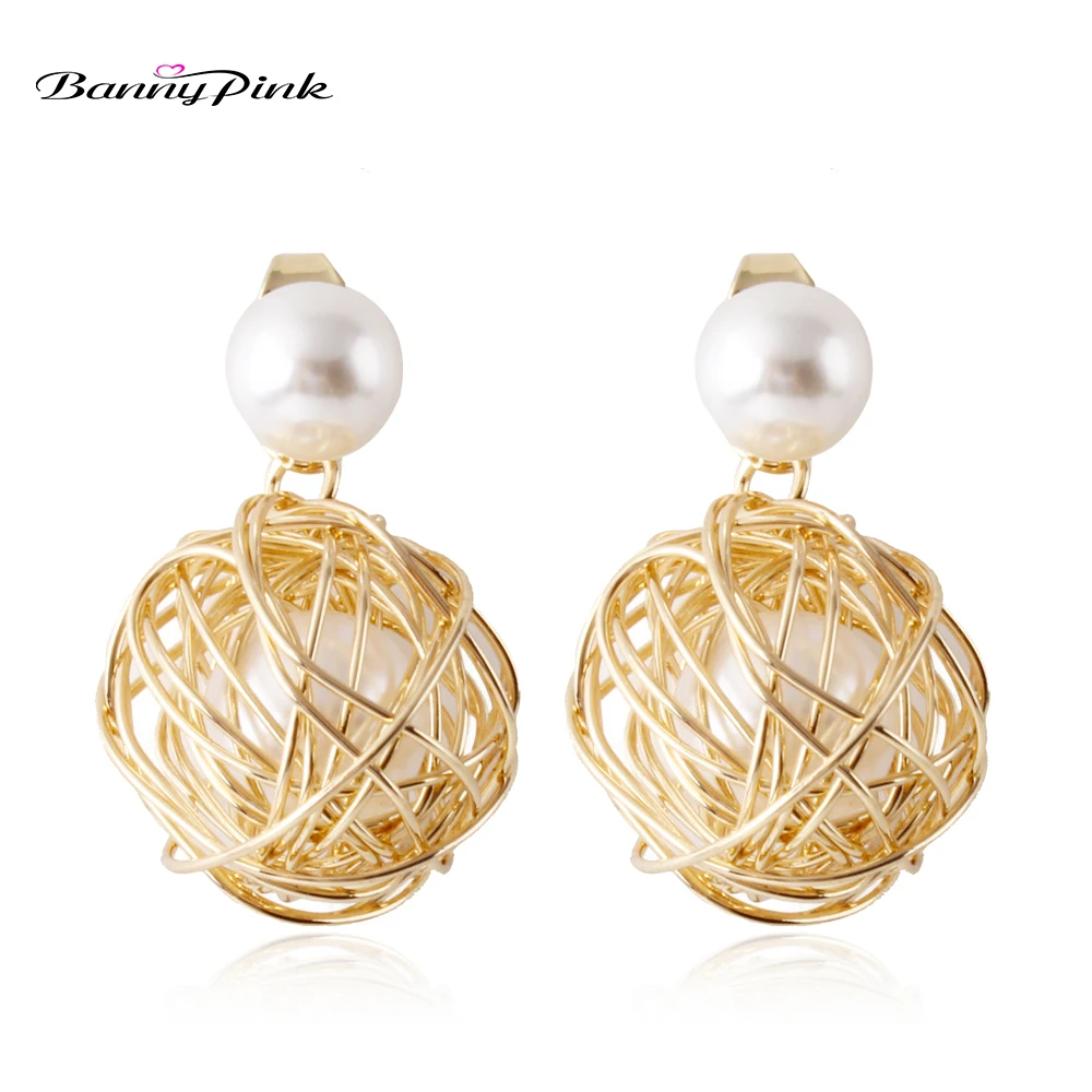 Banny Pink Fashion Statement Earrings New Imitation Pearl Metal Ball Studs Earrings Chunky Geometric Pendant Earrings Pendientes