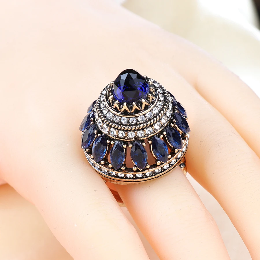 Luxury Natural Stone Crystal Crown Ring Boho Big Gold Tower Rings For Women Wedding Accessories Vintage Turkish Indian Jewelry