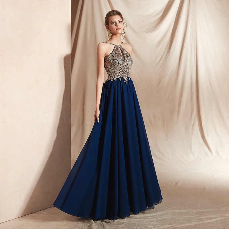 JaneVini-Vestidos de Fiesta largos azul marino, elegantes vestidos de fiesta de noche con cuello Halter, apliques dorados, gasa con cuentas, 2019