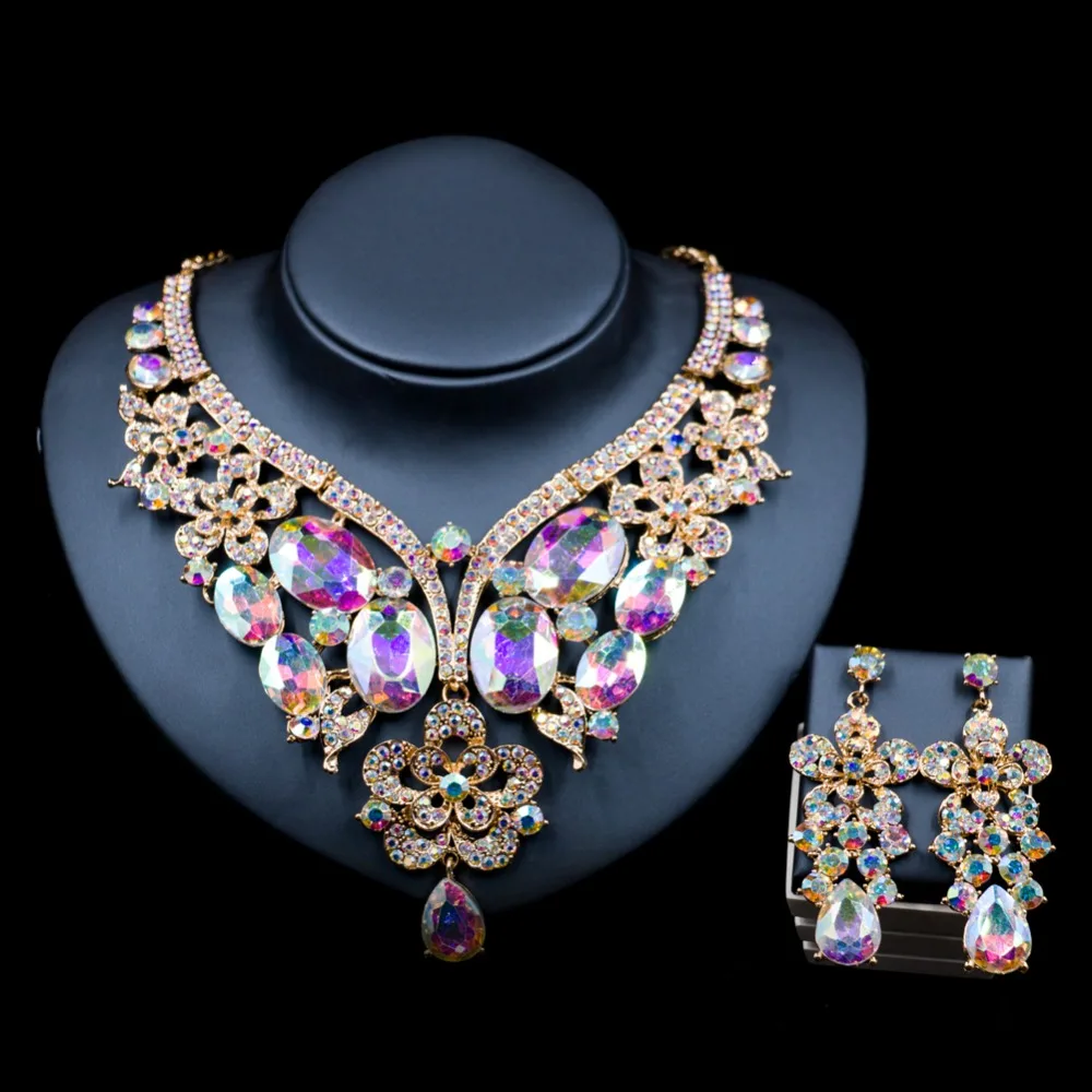 Lan palace  african jewelry sets gold color  dubai Glass Rhinestone  necklace and earrings for wedding six colors  free shipping