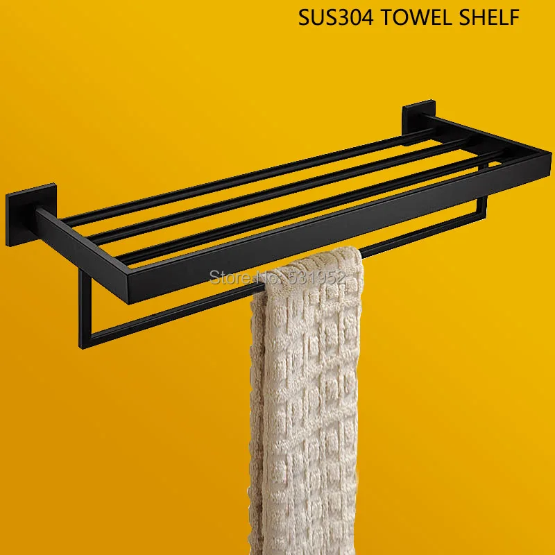 Wall Mounted Black Bathroom Shelves Double Towel Rails 304 Stainless Steel Bathroom Towel Racks Bathroom Accressories Free Ship