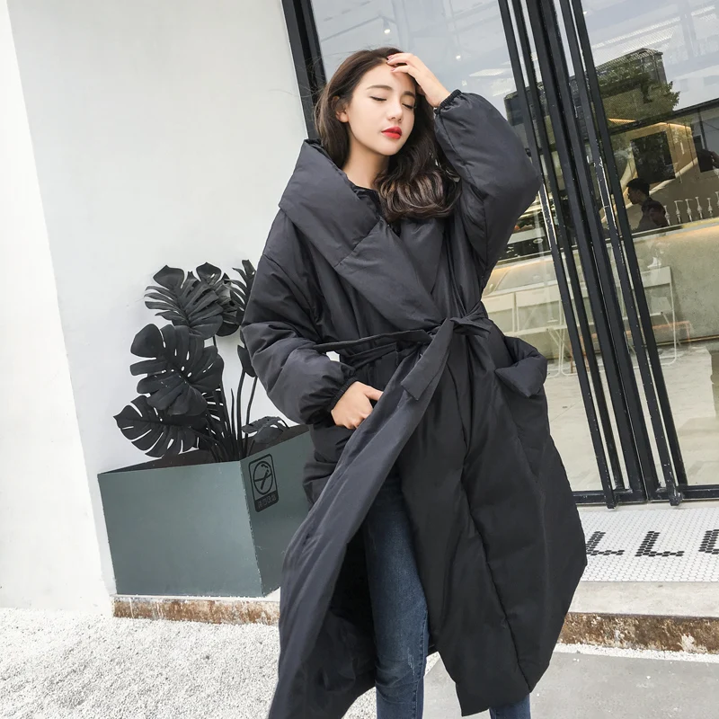 7XL fashion Coats Winter Super Long Fuffy Down Coat Female Fashion Oversized Hooded With Belt Was Thin Warm Down Coat wq511