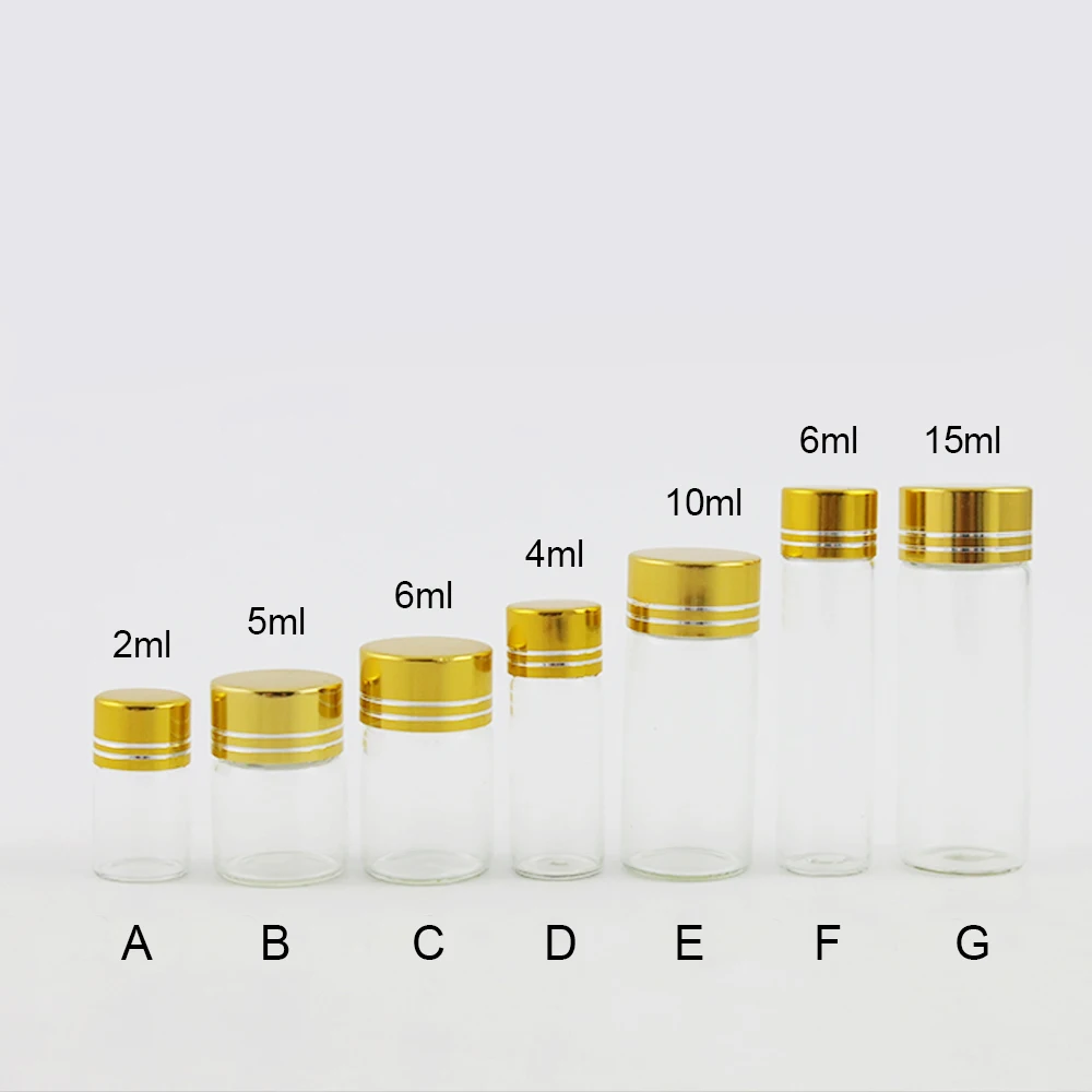 500 X 2ML 5ML 6ML 4ML 10ML 15ML Mini Clear Glass Essential Oil Bottle Gold Aluminum Cap  Samples Glass Containers