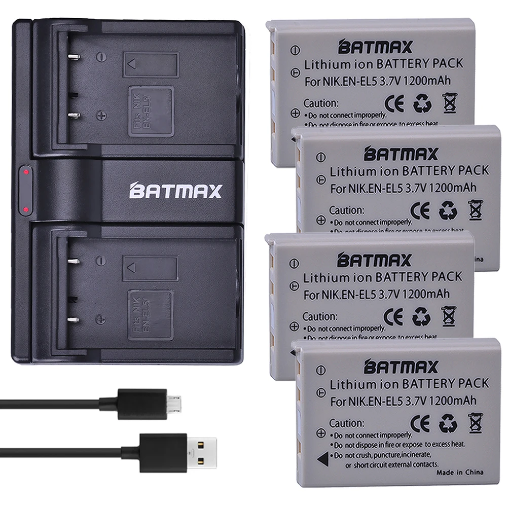 Bateria rígida com 4 peças + carregador usb duplo para nikon, coolpix p530, p520, p510, p100, p500, p5100, p5000, p6000, p90, p80
