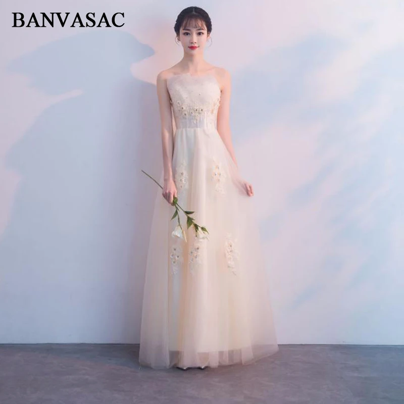 

BANVASAC 2018 Strapless Lace Appliques A Line Tulle Long Evening Dresses Party Crystal Flowers Backless Prom Gowns