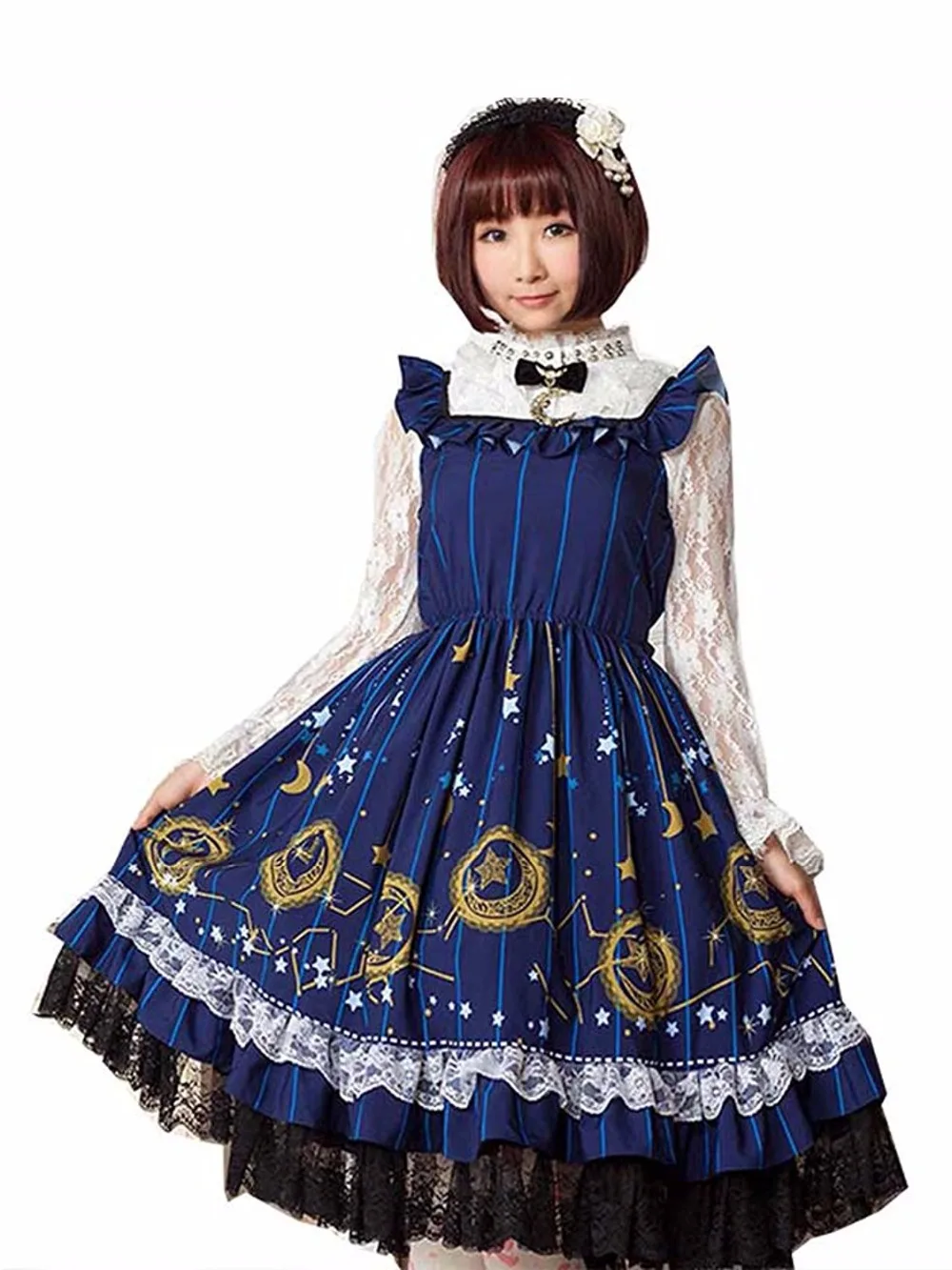 Ainclu Sweet Sleeveless Women's Deep Blue Polyester Soft Adorable Sweet Vintage Princess Suspenders Lolita Dress