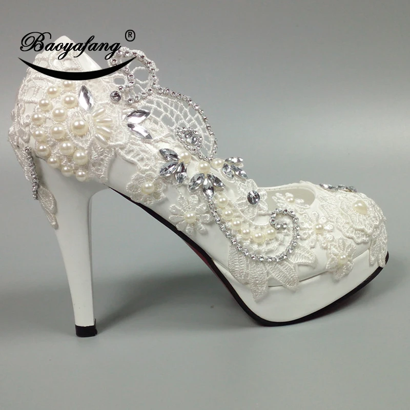 

BaoYaFang High heels woman White Flower crystal wedding shoes pearl party dress shoes Round toe Ladies Pumps