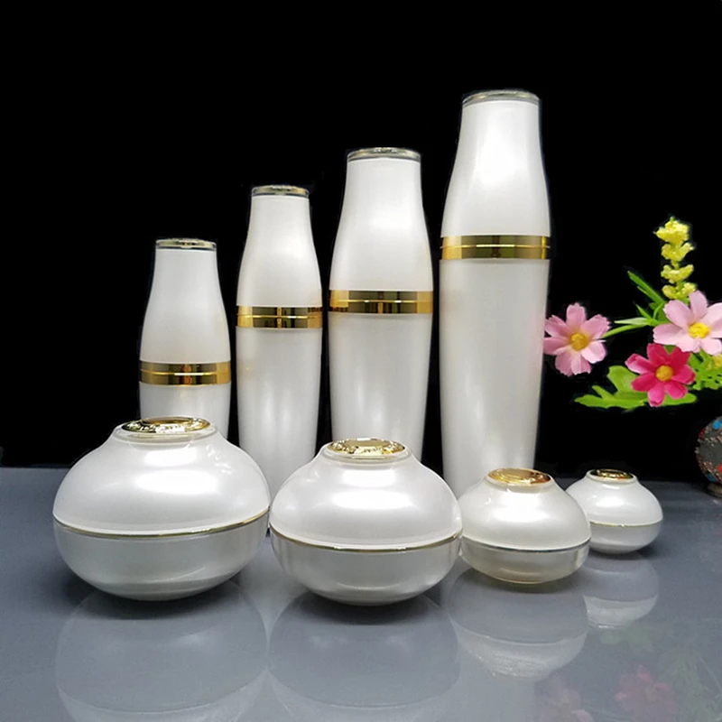 Whole set Cosmetic Packaing Luxury White/gold Acrylic bottles for cosmetics spray bottle and cream jar set 5g 10g 30g 50g