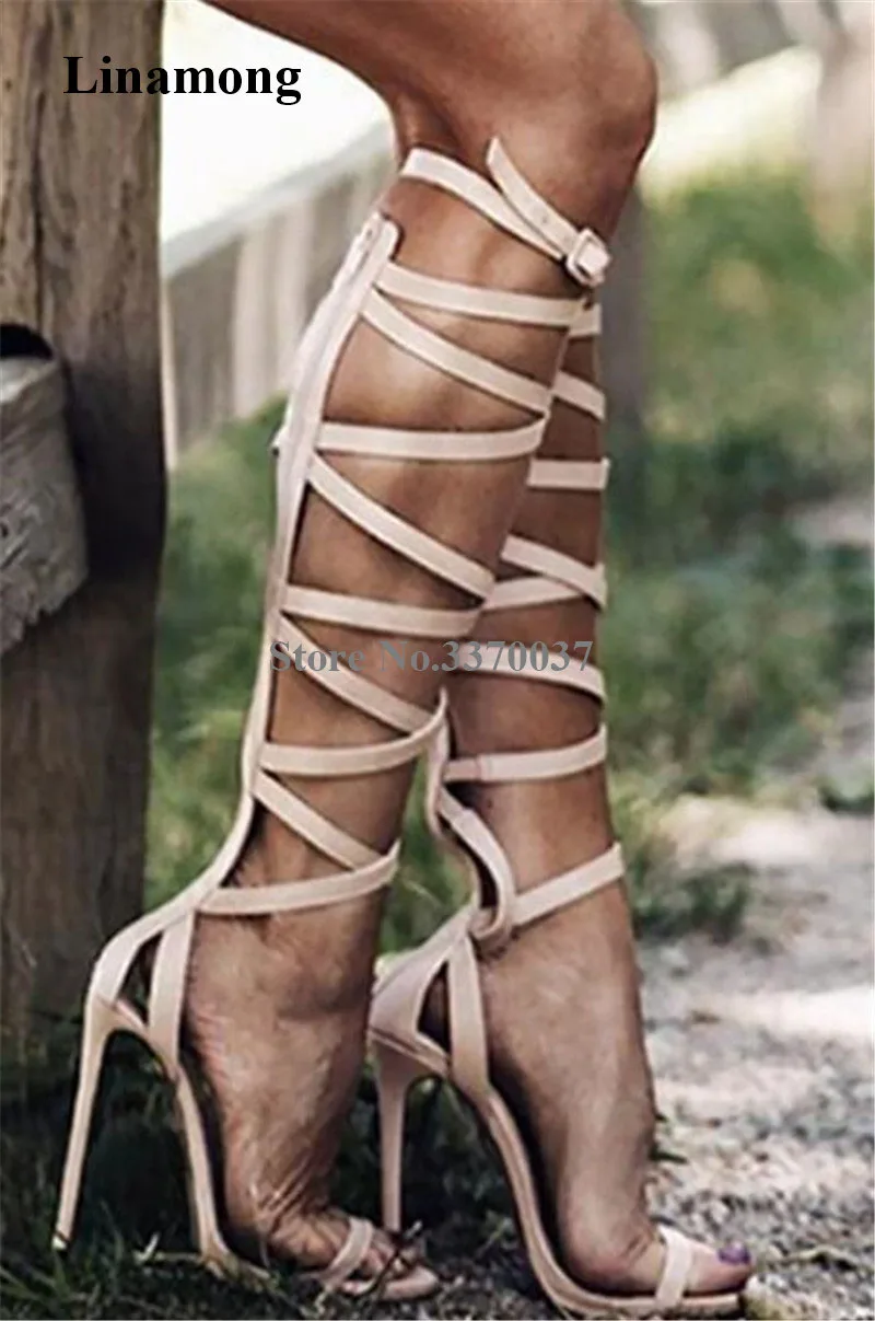 

Summer New Fashion Women Knee High Suede Leather Stiletto Heel Gladiator Boots Strap Cross Long High Heel Sandal Boots