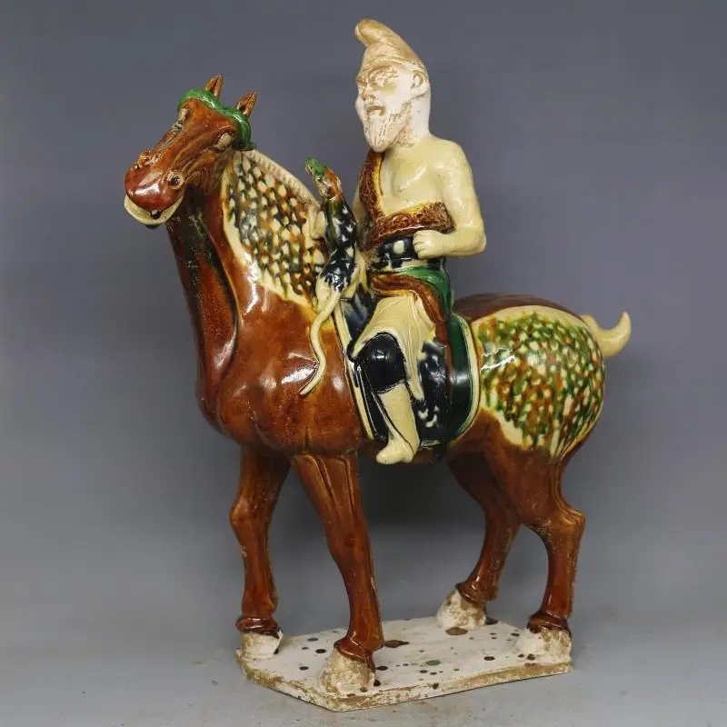 Rare Tang Dynasty(618--907)Tang three-color porcelain Knight statue,Free shipping