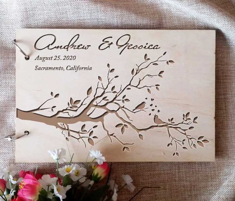 Personalized Engraved  Wooden Guest Book Bird Wedding Guest Book Rustic Wedding Guest Book Bridal Shower Guest Book