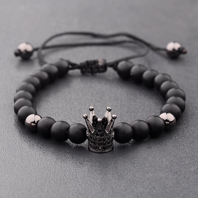DOUVEI 6mm Pave Zircon Crown Weaving Bracelet Charm Men Handmade Black Matte Bracelets For Women Dropshipping ABL007