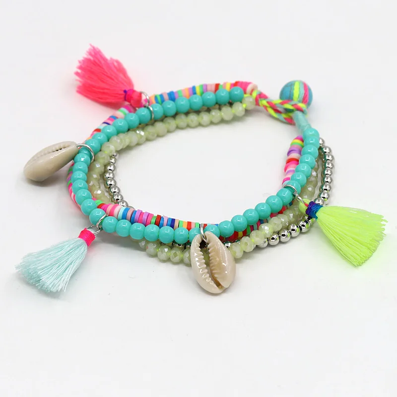 Fashion Multi-layer Beads Strand Shell Bracelet Summer Beach Holiday Jewelry Crystal Clay Stone Mixed Tassel Bracelets Women